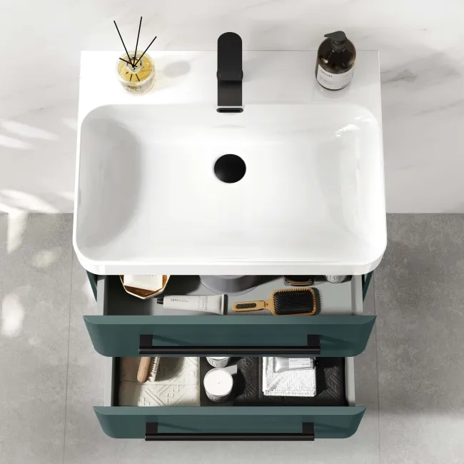 Omaha Mystic Green Wall Hung Basin Drawer Vanity 600mm - Black Accents