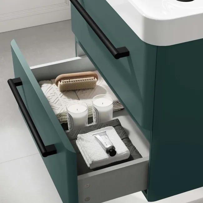 Omaha Mystic Green Wall Hung Basin Drawer Vanity 600mm - Black Accents