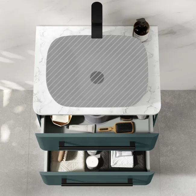 Omaha Mystic Green Wall Hung Drawer Vanity with Marble Top 600mm (Excludes Counter Top Basin) - Black Accents