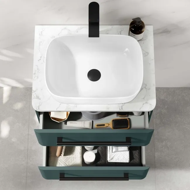 Omaha Mystic Green Wall Hung Drawer Vanity with Marble Top & Curved Counter Top Basin 600mm - Black Accents