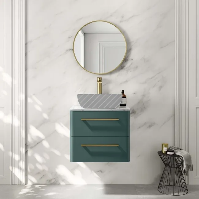 Omaha Mystic Green Wall Hung Drawer Vanity with Marble Top 600mm (Excludes Counter Top Basin) - Brushed Brass Accents