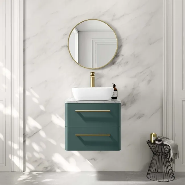 Omaha Mystic Green Wall Hung Drawer Vanity with Marble Top & Curved Counter Top Basin 600mm - Brushed Brass Accents