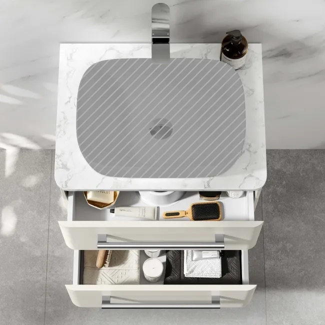 Omaha Linen White Wall Hung Drawer Vanity with Marble Top 600mm - Excludes Counter Top Basin