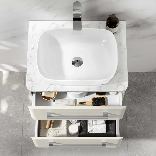 Omaha Linen White Wall Hung Drawer Vanity with Marble Top & Curved Counter Top Basin 600mm