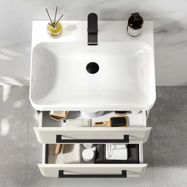 Omaha Linen White Wall Hung Basin Drawer Vanity 600mm - Black Accents