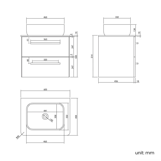 Omaha Linen White Wall Hung Drawer Vanity with Marble Top & Curved Counter Top Basin 600mm - Black Accents