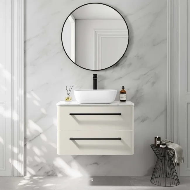Omaha Linen White Wall Hung Drawer Vanity with Marble Top & Curved Counter Top Basin 800mm - Black Accents
