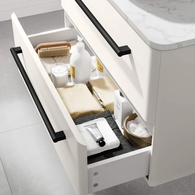 Omaha Linen White Wall Hung Drawer Vanity with Marble Top & Curved Counter Top Basin 800mm - Black Accents