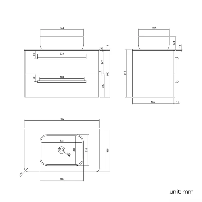 Omaha Linen White Wall Hung Drawer Vanity with Marble Top & Curved Counter Top Basin 800mm - Black Accents