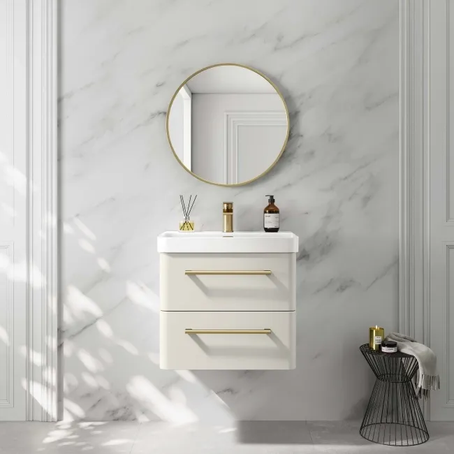 Omaha Linen White Wall Hung Basin Drawer Vanity 600mm - Brushed Brass Accents