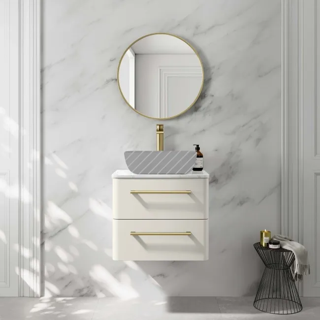 Omaha Linen White Wall Hung Drawer Vanity with Marble Top 600mm (Excludes Counter Top Basin) - Brushed Brass Accents