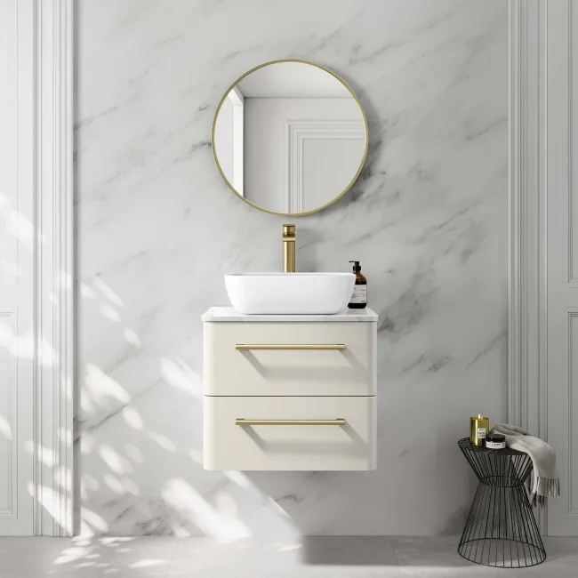 Omaha Linen White Wall Hung Drawer Vanity with Marble Top & Curved Counter Top Basin 600mm - Brushed Brass Accents