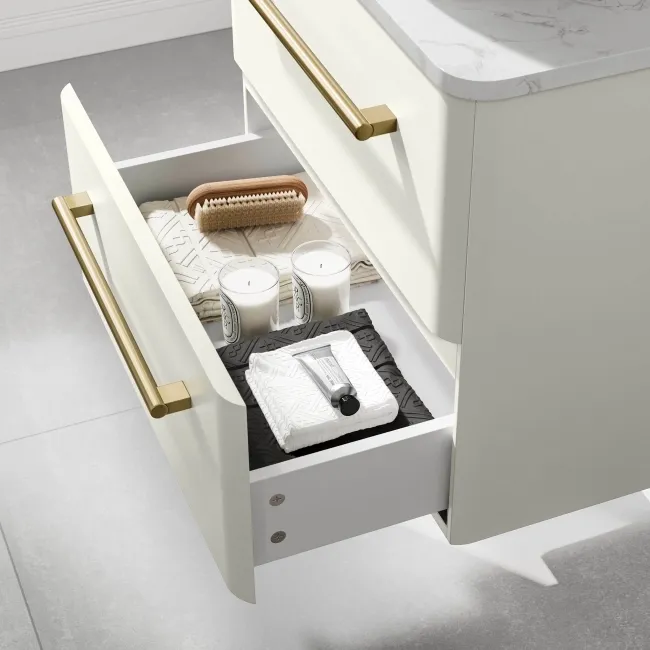 Omaha Linen White Wall Hung Drawer Vanity with Marble Top & Curved Counter Top Basin 600mm - Brushed Brass Accents