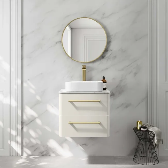 Omaha Linen White Wall Hung Drawer Vanity with Marble Top & Marin Basin 600mm - Brushed Brass Accents
