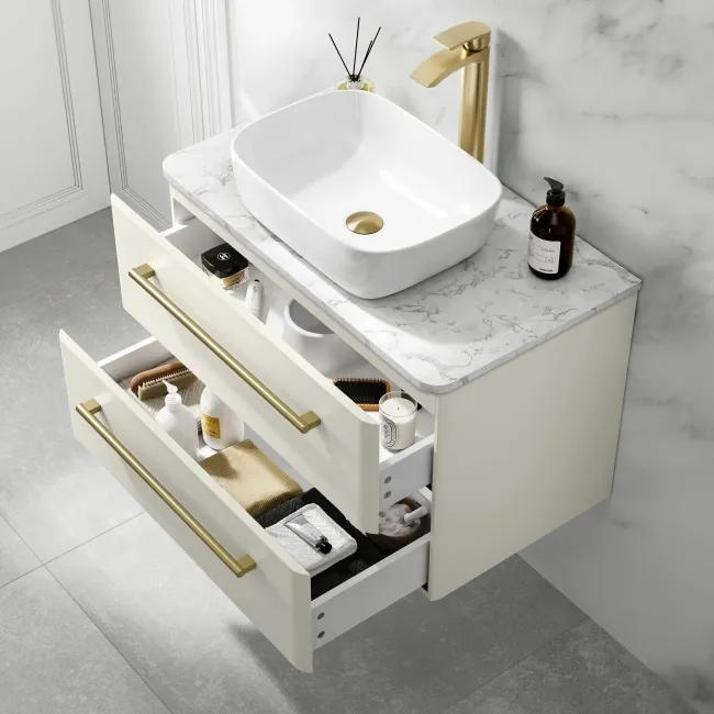 Omaha Linen White Wall Hung Drawer Vanity with Marble Top & Curved Counter Top Basin 800mm - Brushed Brass Accents