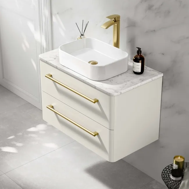 Omaha Linen White Wall Hung Drawer Vanity with Marble Top & Marin Basin 800mm - Brushed Brass Accents