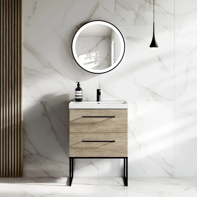 Elba Dawn Oak Wall Hung Basin Drawer Vanity 600mm with Matt Black Stand