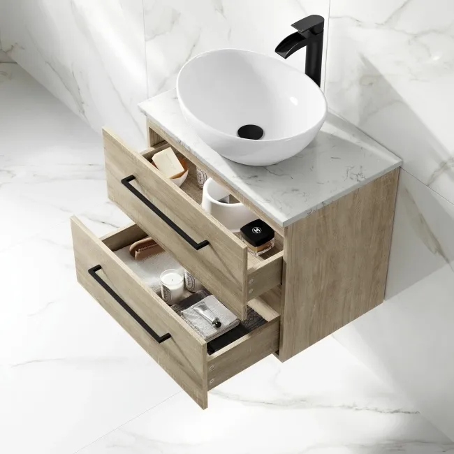 Elba Dawn Oak Wall Hung Drawer Vanity with Marble Top & Oval Counter Top Basin 600mm - Black Accents