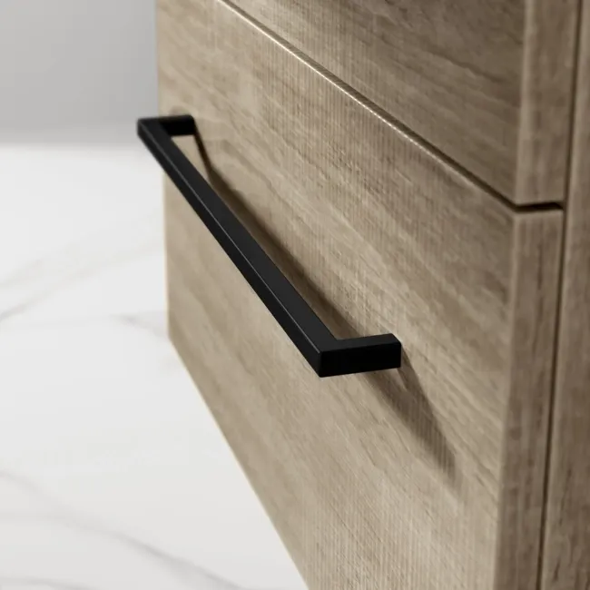 Elba Dawn Oak Wall Hung Drawer Vanity with Marble Top & Curved Counter Top Basin 600mm - Black Accents