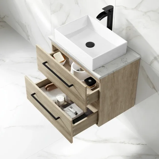 Elba Dawn Oak Wall Hung Drawer Vanity with Marble Top & Cody Basin 600mm - Black Accents
