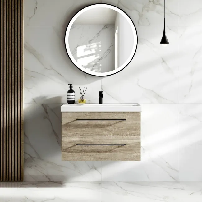 Elba Dawn Oak Wall Hung Basin Drawer Vanity 800mm - Black Accents