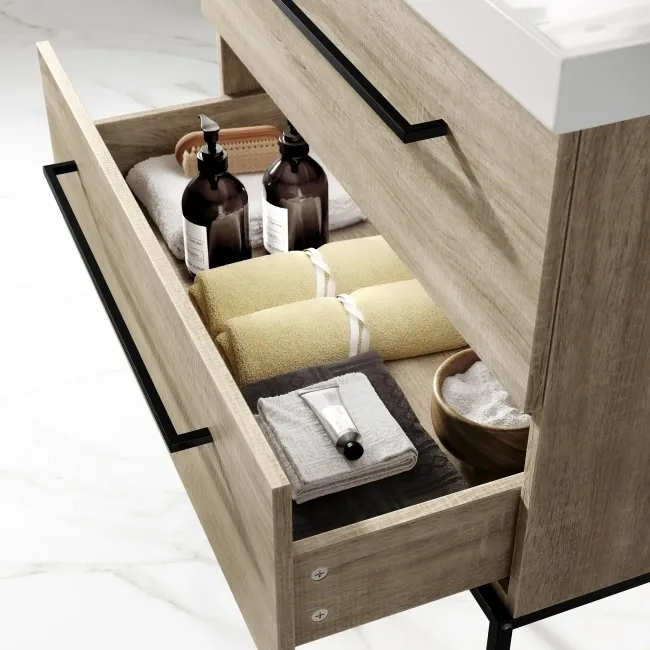 Elba Dawn Oak Wall Hung Basin Drawer Vanity 800mm with Matt Black Stand