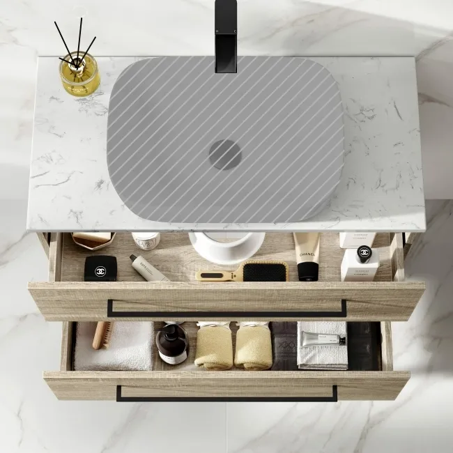 Elba Dawn Oak Wall Hung Drawer 800mm Excludes Counter Top Basin - Black Accents