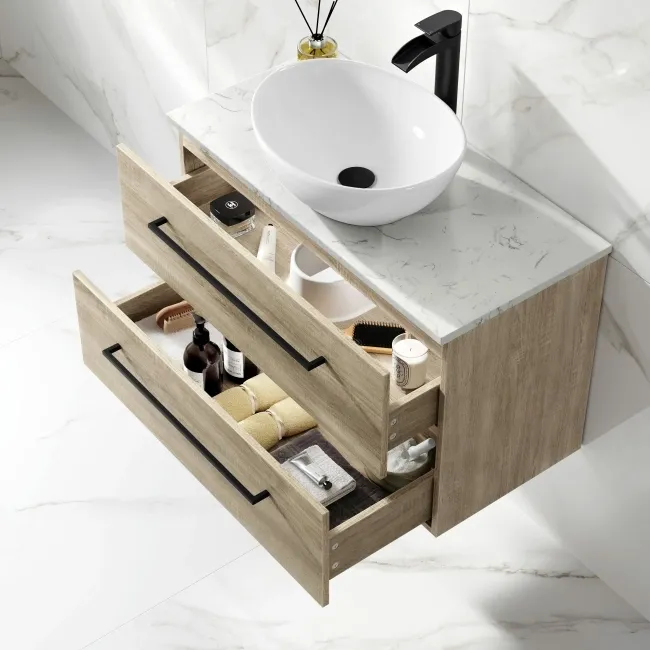 Elba Dawn Oak Wall Hung Drawer Vanity with Marble Top & Oval Counter Top Basin 800mm - Black Accents