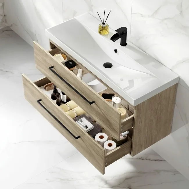 Elba Dawn Oak Wall Hung Basin Drawer Vanity 1000mm - Black Accents