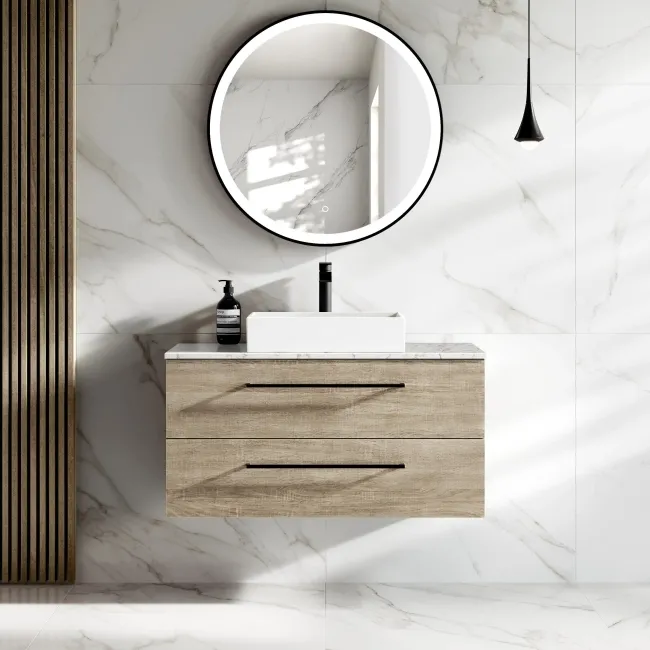 Elba Dawn Oak Wall Hung Drawer Vanity with Marble Top & Cody Basin 1000mm - Black Accents