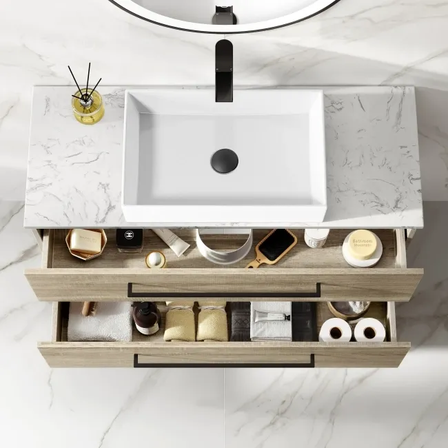 Elba Dawn Oak Wall Hung Drawer Vanity with Marble Top & Cody Basin 1000mm - Black Accents
