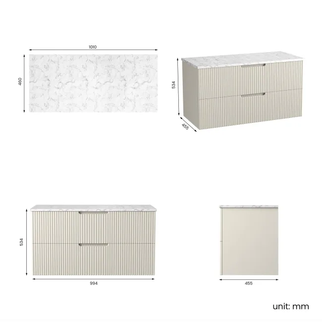 Crete Fluted Linen White Wall Hung Drawer Vanity with Marble Top 1000mm - Excludes Counter Top Basin