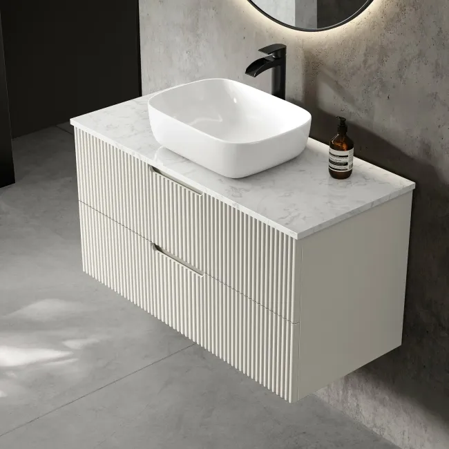 Crete Fluted Linen White Wall Hung Drawer Vanity with Marble Top & Curved Basin 1000mm