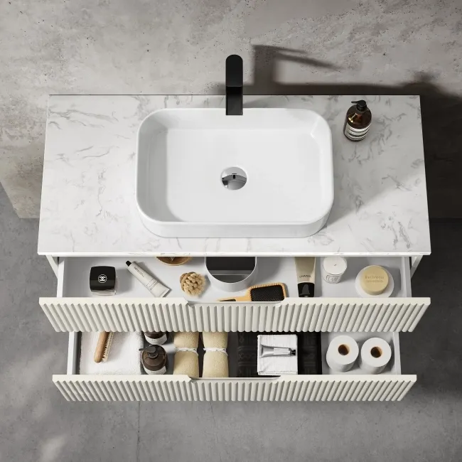 Crete Fluted Linen White Wall Hung Drawer Vanity with Marble Top & Marin Basin 1000mm