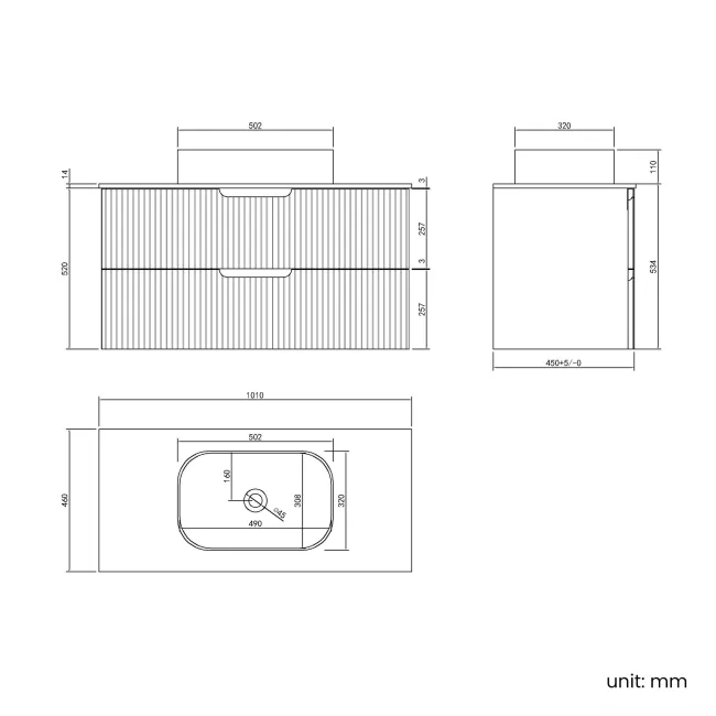 Crete Fluted Linen White Wall Hung Drawer Vanity with Marble Top & Marin Basin 1000mm