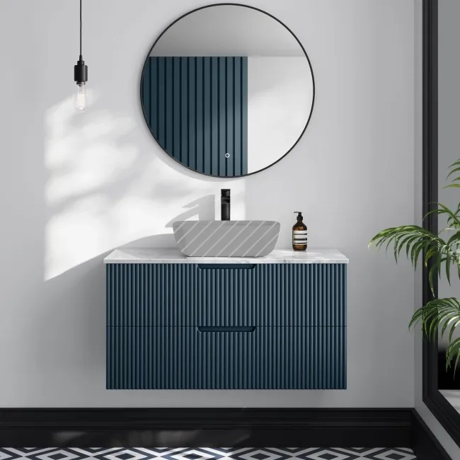 Crete Fluted Navy Blue Wall Hung Drawer Vanity with Marble Top 1000mm - Excludes Counter Top Basin
