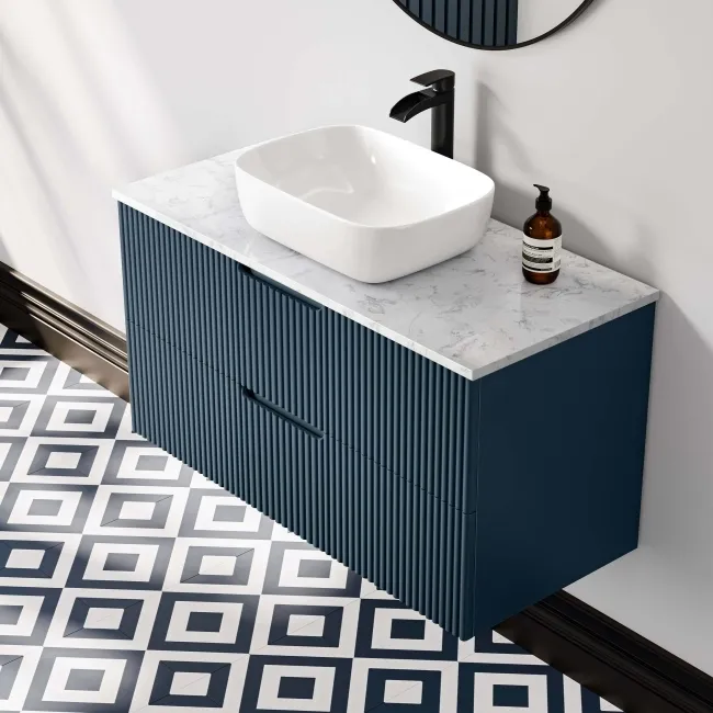 Crete Fluted Navy Blue Wall Hung Drawer Vanity with Marble Top & Curved Basin 1000mm