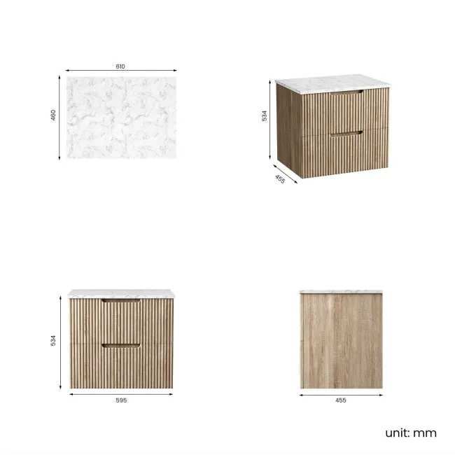 Crete Fluted Apex Oak Wall Hung Drawer Vanity with Marble Top 600mm - Excludes Counter Top Basin