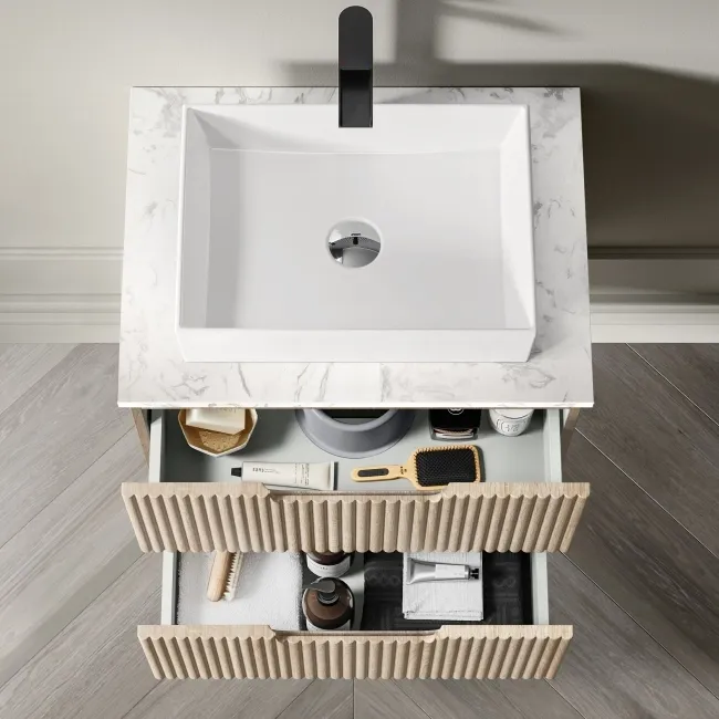 Crete Fluted Apex Oak Wall Hung Drawer Vanity with Marble Top & Cody Basin 600mm