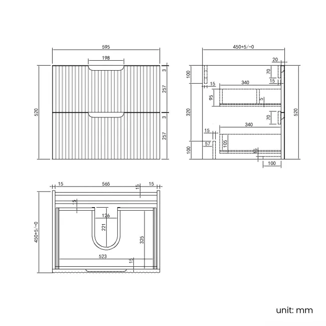 Crete Fluted Apex Oak Wall Hung Drawer Vanity with Marble Top & Cody Basin 600mm