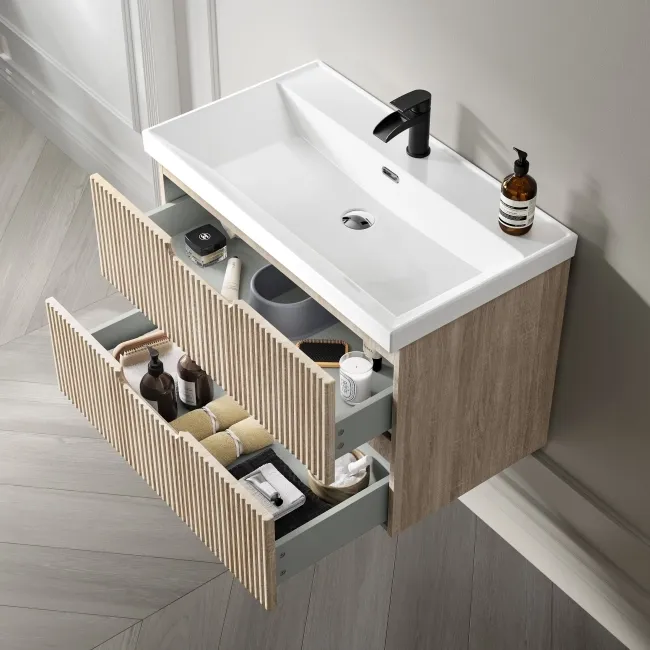 Crete Fluted Apex Oak Wall Hung Basin Drawer Vanity 800mm