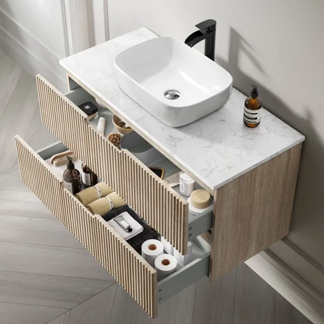 Crete Fluted Apex Oak Wall Hung Drawer Vanity with Marble Top & Curved Basin 1000mm