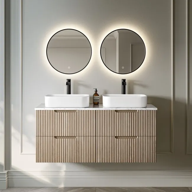 Crete Fluted Apex Oak Double Wall Hung Drawer Vanity with Marble Top & Marin Basin 1200mm