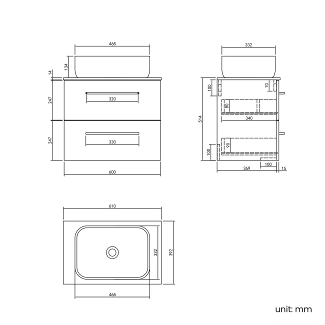 Elba Dawn Oak Wall Hung Drawer Vanity with Marble Top & Curved Counter Top Basin 600mm