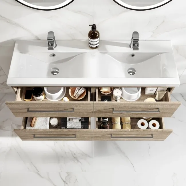 Elba Dawn Oak Wall Hung Double Basin Drawer Vanity 1200mm