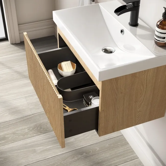 Malta Fluted Country Oak Wall Hung Basin Drawer Vanity 600mm