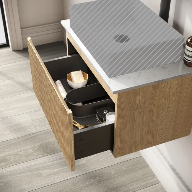 Malta Fluted Country Oak Wall Hung Drawer Vanity with Marble Top 600mm - Excludes Counter Top Basin