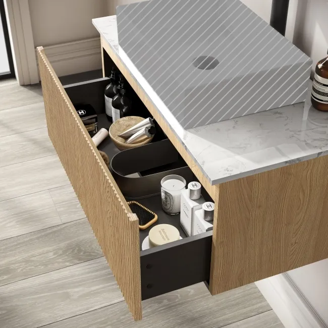Malta Fluted Country Oak Wall Hung Drawer Vanity with Marble Top 800mm - Excludes Counter Top Basin