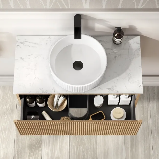 Malta Fluted Country Oak Wall Hung Drawer Vanity with Marble Top & Nevis Basin 800mm