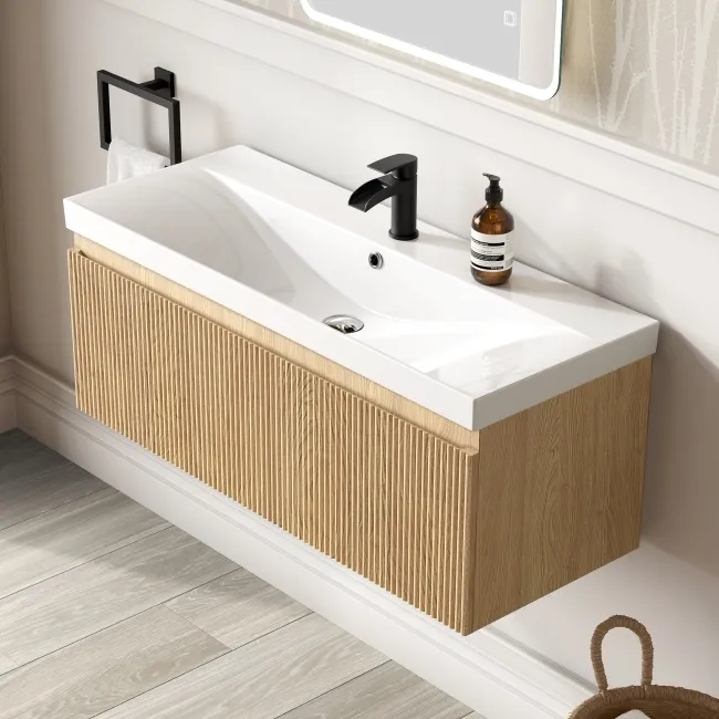 Malta Fluted Country Oak Wall Hung Basin Drawer Vanity 1000mm